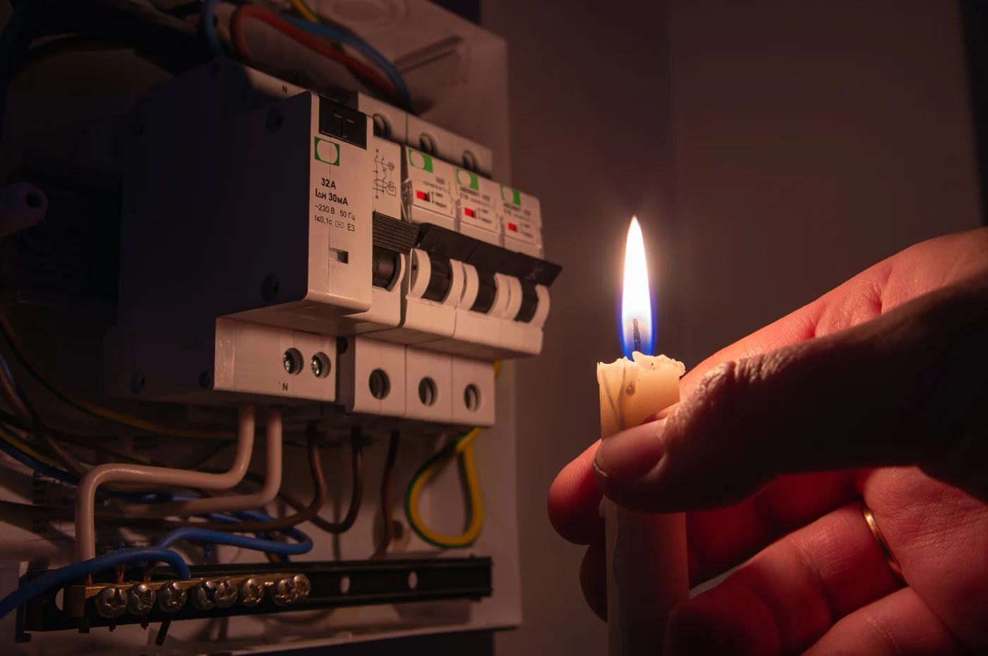 Hand holding candle near fuse box due to flipped breaker