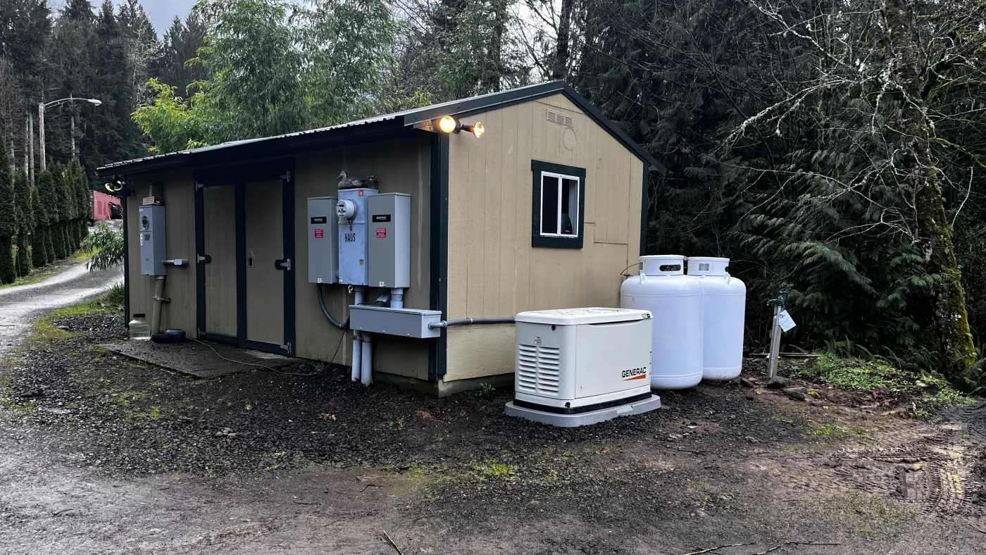 A Generac whole-home generator outside a building