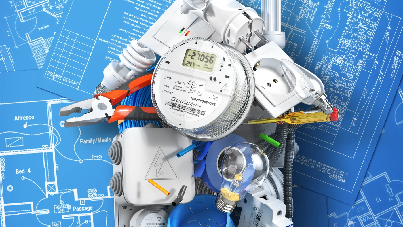 Electrical components in the shape of a house laid out on schematics