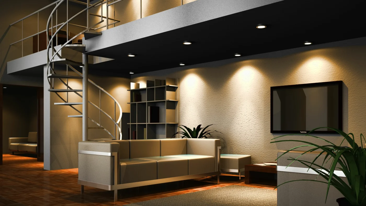 A modern living room with a spiral staircase and recessed lighting over a gray couch