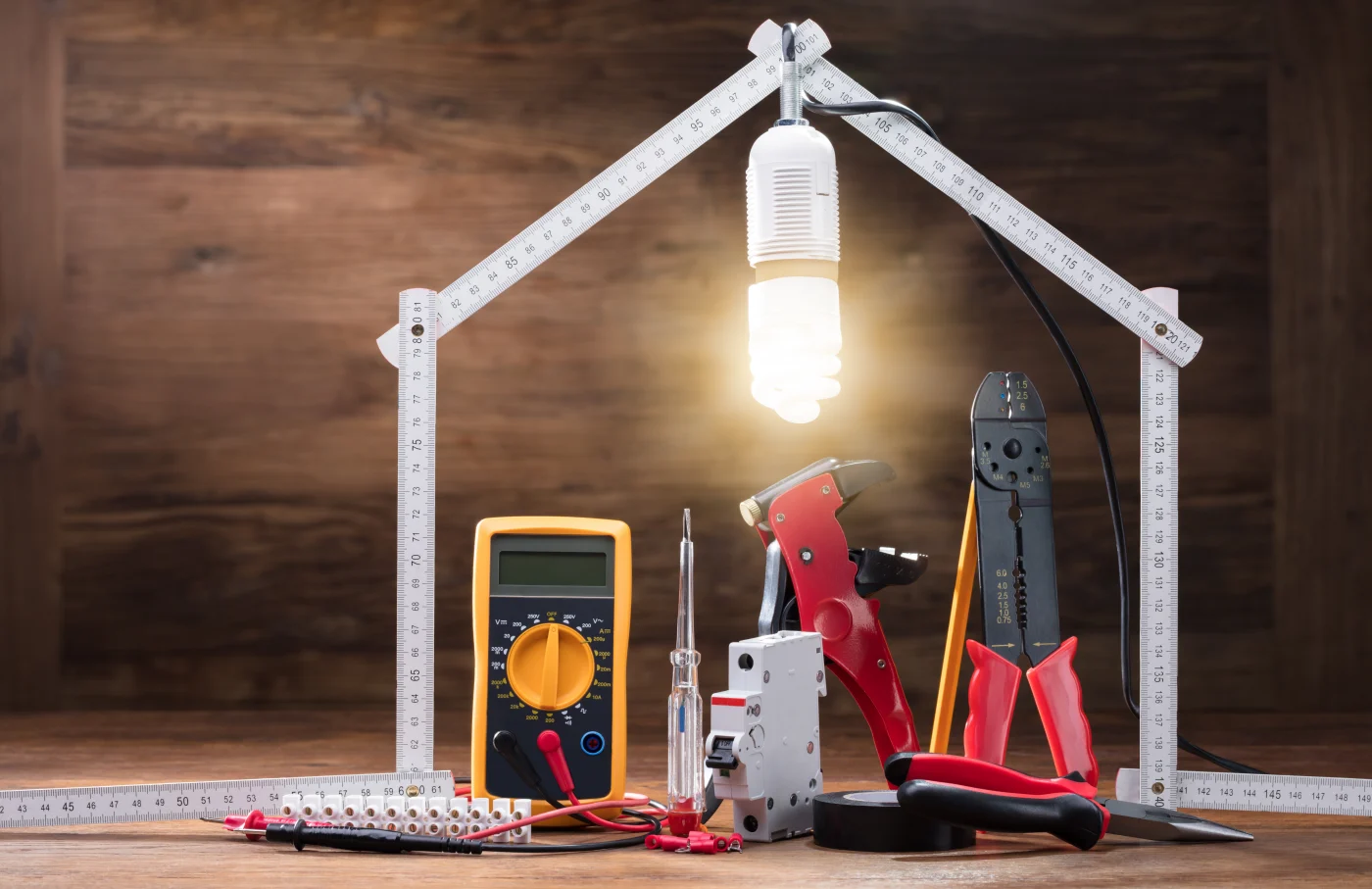 Various tools used in the electrical world on wood background