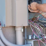 Electrician working on wiring at breaker box