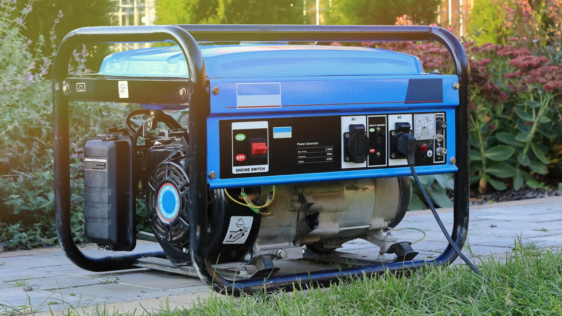 Close-up view on gas-powered generator sitting on concrete sidewalk outside