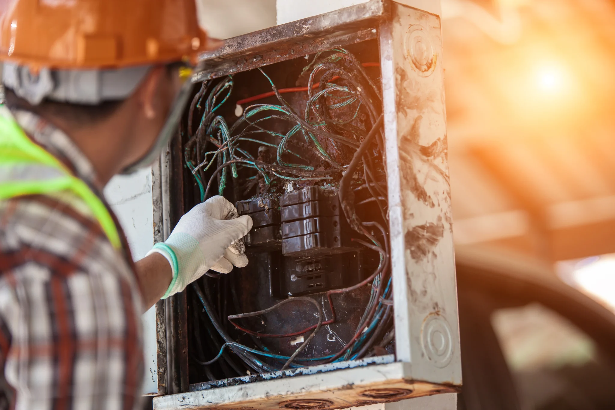 Professional electrician investigating a damaged electrical panel